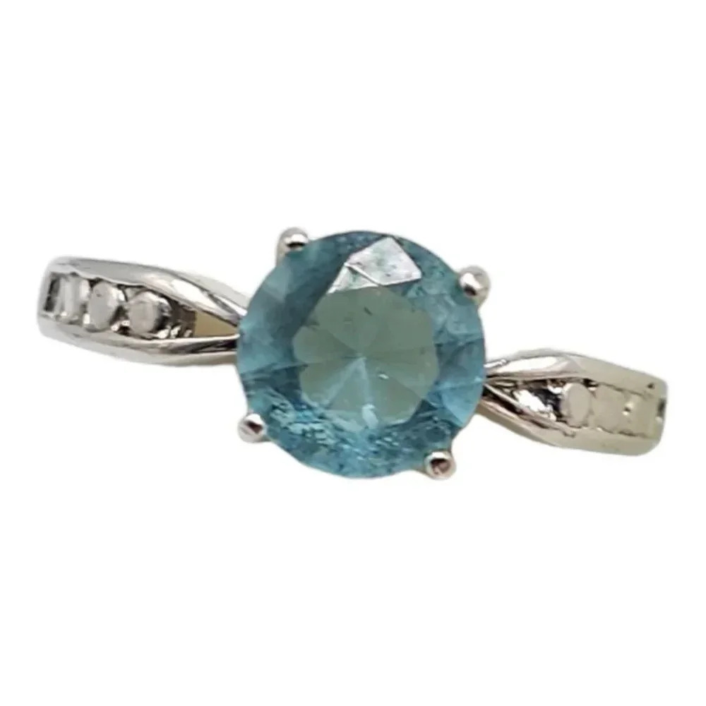 Faceted Blue Glass Rhinestone Engagement Ring Silver Tone Vintage Size 8